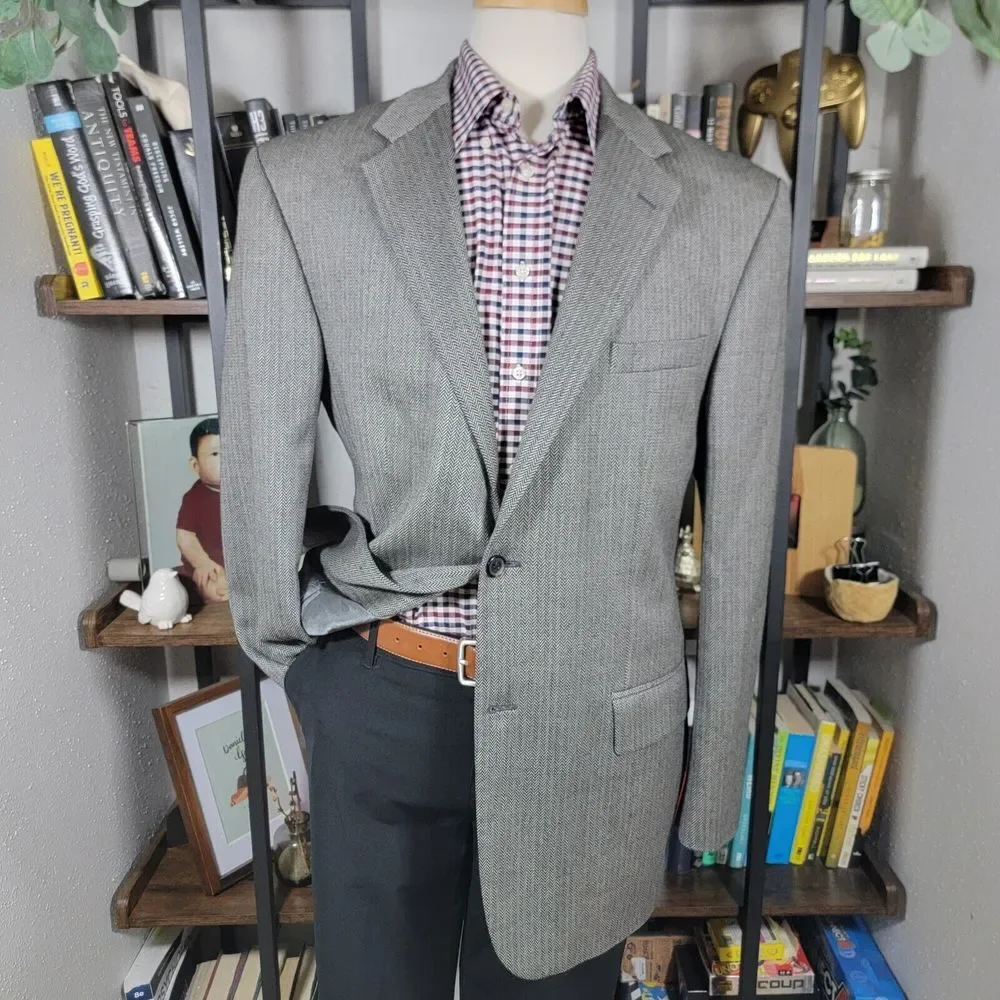 Nautica Men's Sport Coat Blazer Two Button Gray Herringbone Lambs Wool Blend 44L